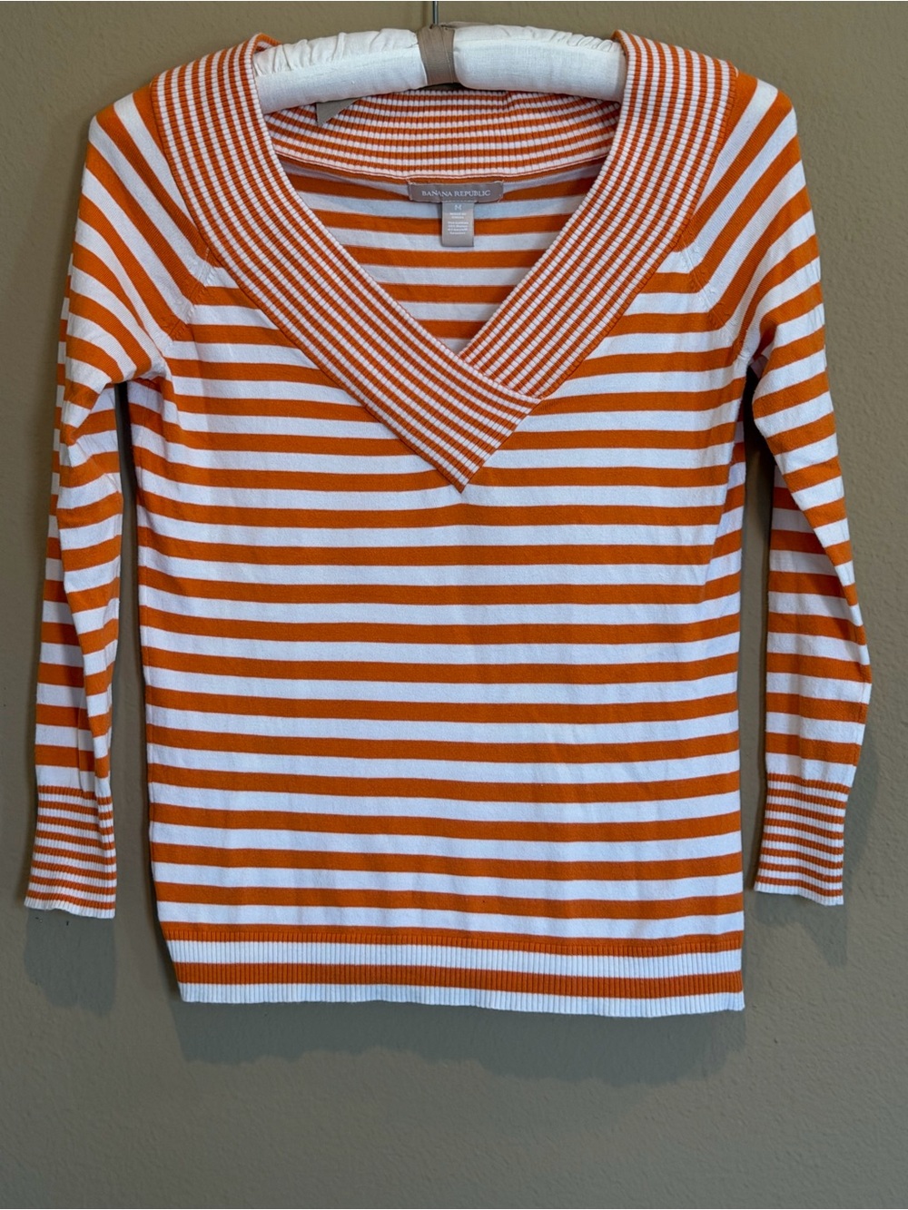 Banana Republic Orange & White Striped V-Neck Pullover